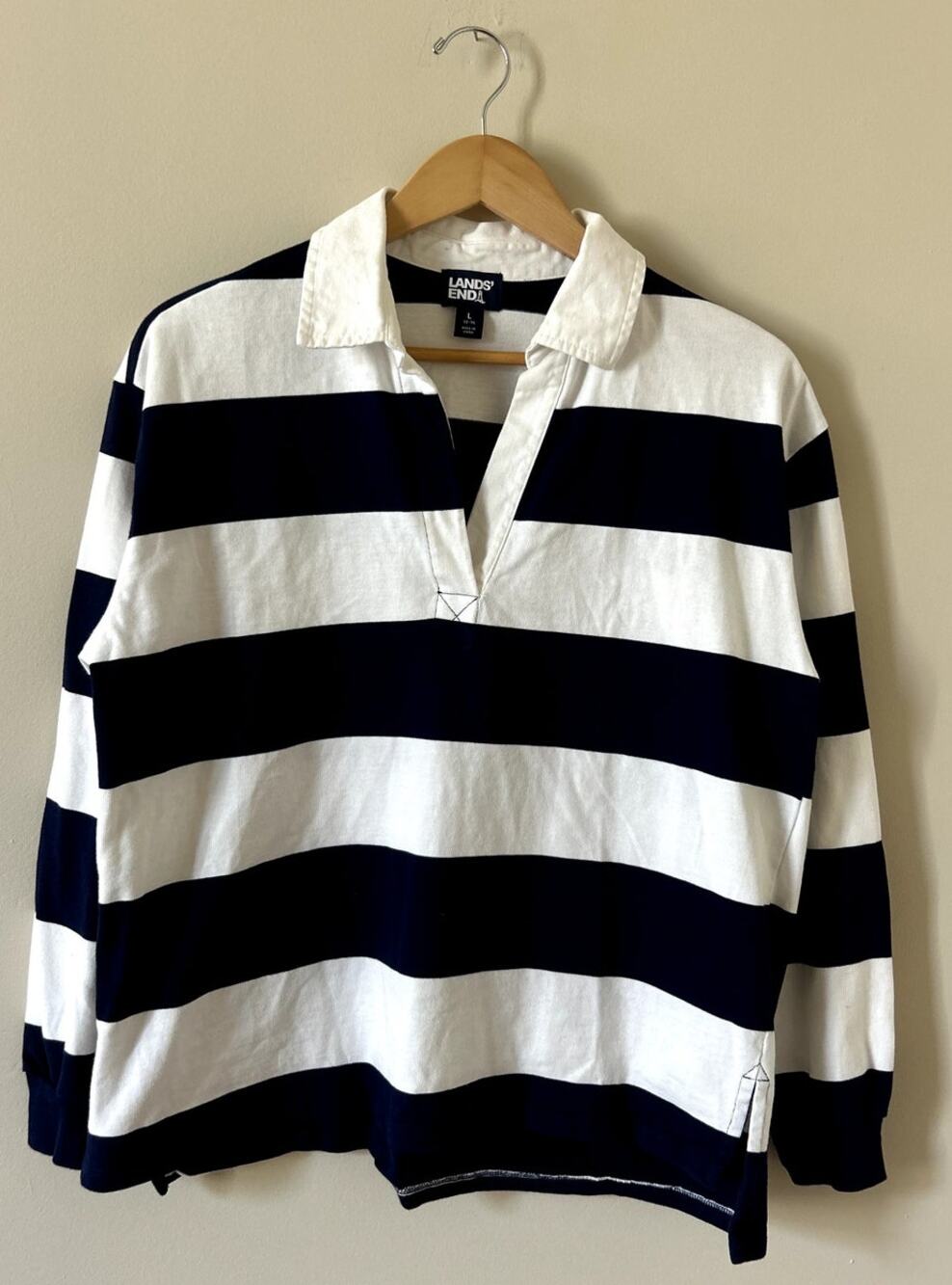 Navy Blue White Striped Preppy Nautical Lands End Rugby Shirt Kids Large 12/14